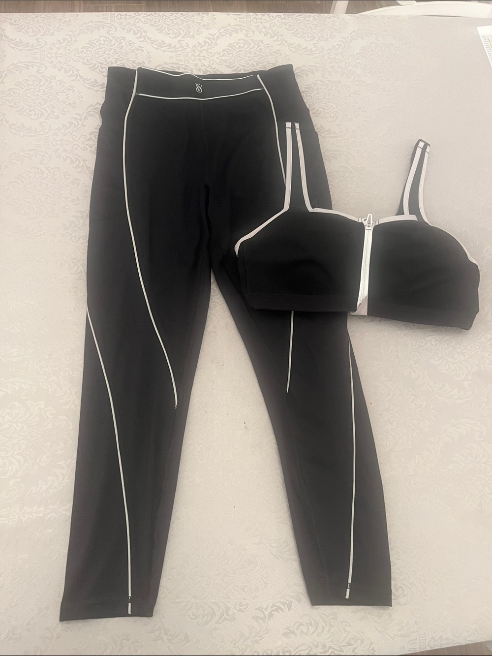 Victoria's Secret Black Ankle Crop Leggings with Gray Piping and Sports Bra